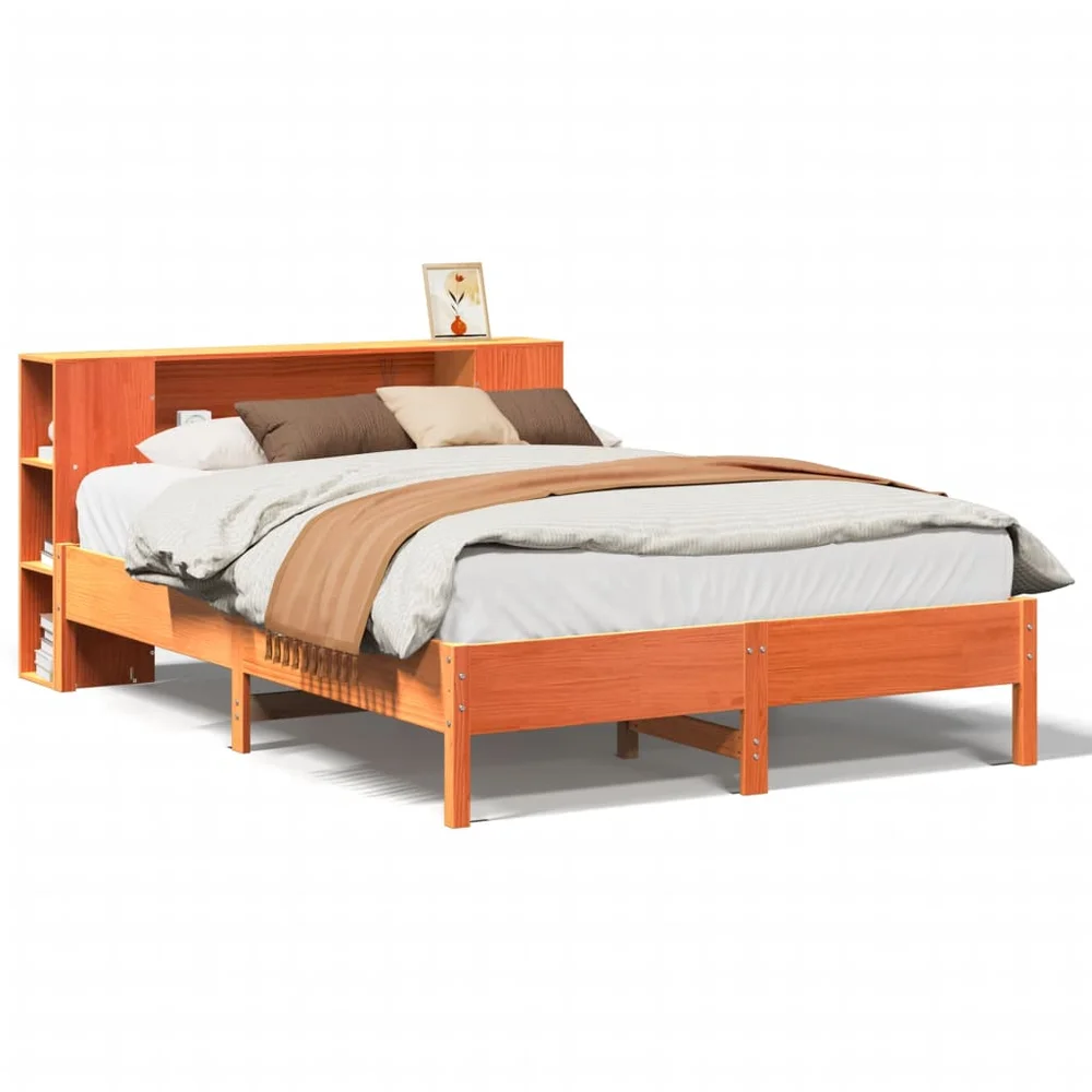 vidaXL Seng med bokhylle uten madrass voksbrun 150x200 cm heltre furu v:1436931