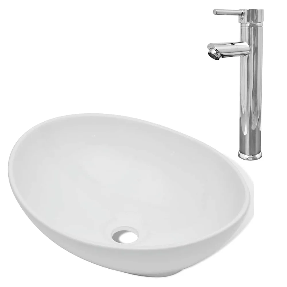 vidaXL Baderomsvask med kran keramisk oval hvit v:6708513 vidaXL Baderomsvask med kran keramisk oval hvit v:6708513